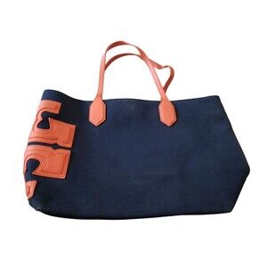 Tory Burch Blue Orange Canvas Leather Trim Logo Tote